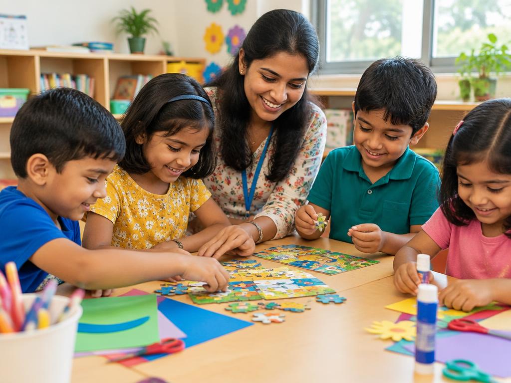 Children doing a puzzle and craft activity with a teacher