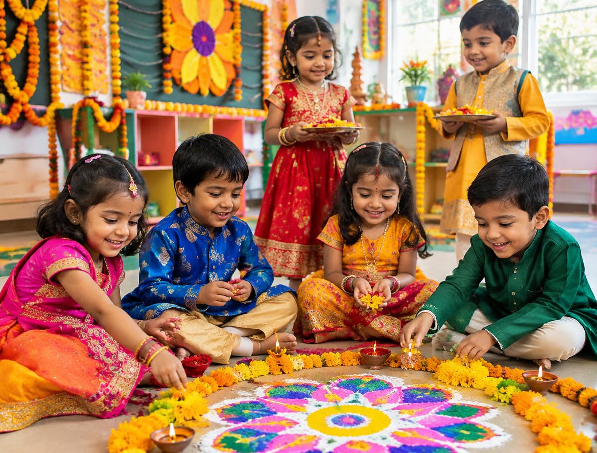Children celebrating a festival with rangoli