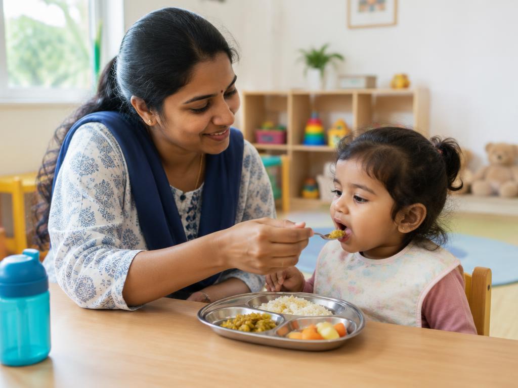 Caregiver helping a toddler eat lunch