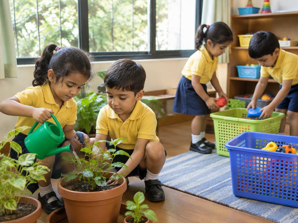 Children watering plants and tidying toys