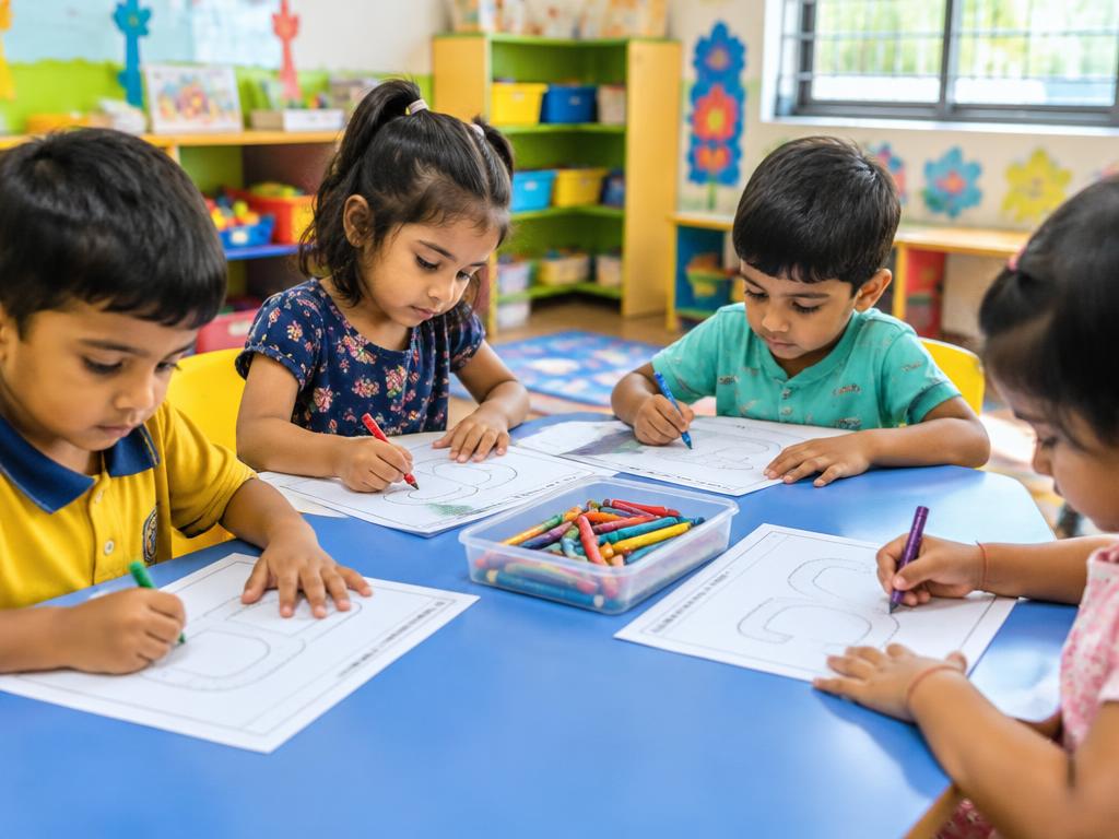 Children tracing letters with crayons at a table