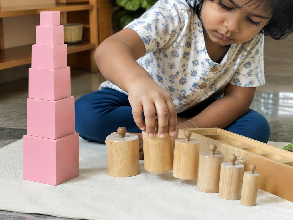 Child working with wooden Montessori cylinders