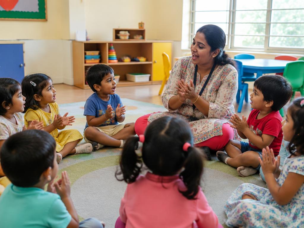 Children clapping and singing with their teacher in a circle