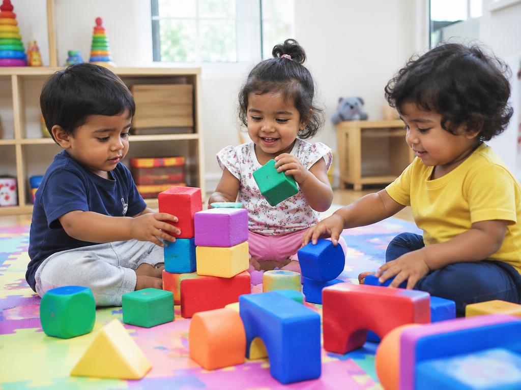 Toddlers building with soft colourful blocks