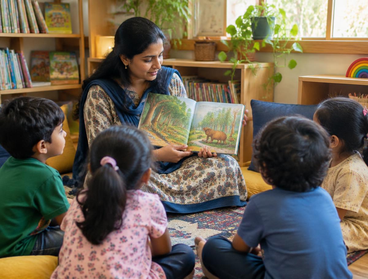 Teacher reading a story to children