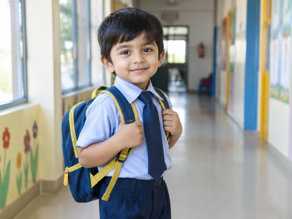 Smiling boy in school uniform with a backpack